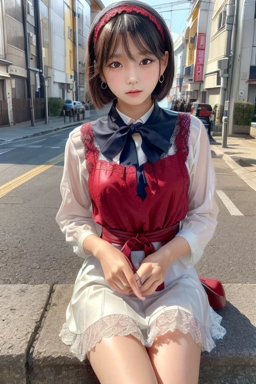 ((software: 1.4)), (software,彼女は白い刺繍の入った長いスカートをyesている, Red blouse with lace, A white apron is tied around the waist., Blue socks, Brown leather shoes.She has a blue scarf on her head. yes, Her accessories include a necklace.., Earrings, bracelet. 1 person)), Ultra-high resolution, (Realistic: 1.4), RAW Photos, Highest quality, (PhotoRealistic Stick), concentrate, Soft Light, ((s old)), ((Japanese)), (( (Young Face))), (surface), (Written boundary depth), masterpiece, (Realistic), woman, bangs, ((1 person))、(((Thighs)))