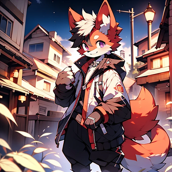 (Artist by zackary911, 8k, high quality, detailed eyes and fur, night, residents background), solo, male fox, anthro, red satured fur, red body, male body, purple eyes, black ears, red hair, short hair, hair cover eye, hands white, choker, eyeliner black, beige jacket, black shirt, alone, without group, without doubles, full length, completely complete everything. smiling, in the field