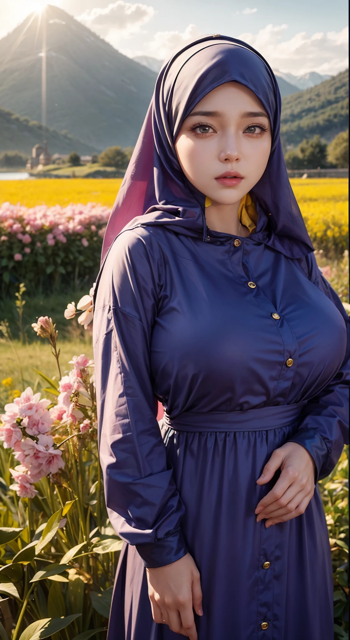 Big boobs, yellow hair color,red ayes,Hyper realistic, Ultra detail, hijab