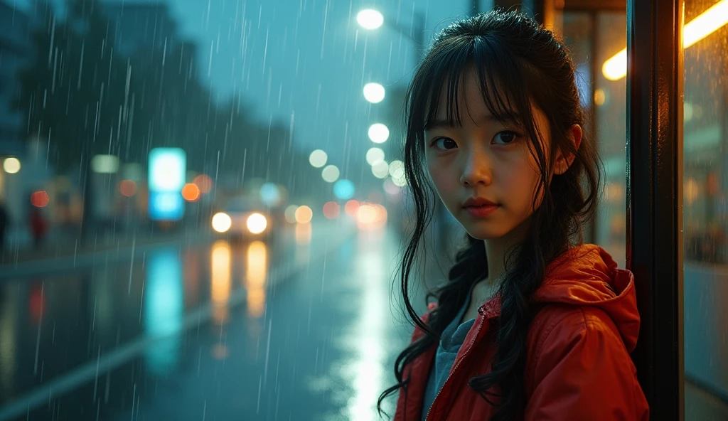 A beautiful young asian girl  stands alone at a bus stop. The rain pours down relentlessly, creating a curtain of droplets that blur the edges of the scene. The ground is wet and reflective, with puddles forming intricate patterns. Soft, muted lighting emanates from a distant streetlight, casting an ethereal glow over the scene. The girl's expression is one of patient anticipation, her eyes focused on the wet streets ahead. The background shows a hazy urban landscape, partially obscured by the pouring rain. The atmosphere is tinged with melancholy, captured in the solitude of the moment. A blend of melancholic and dramatic realism, with soft yet vivid colors highlighting contrasts between the gloom of rain and the subtle hope in waiting, emphasizing emotional depth and atmospheric tension.