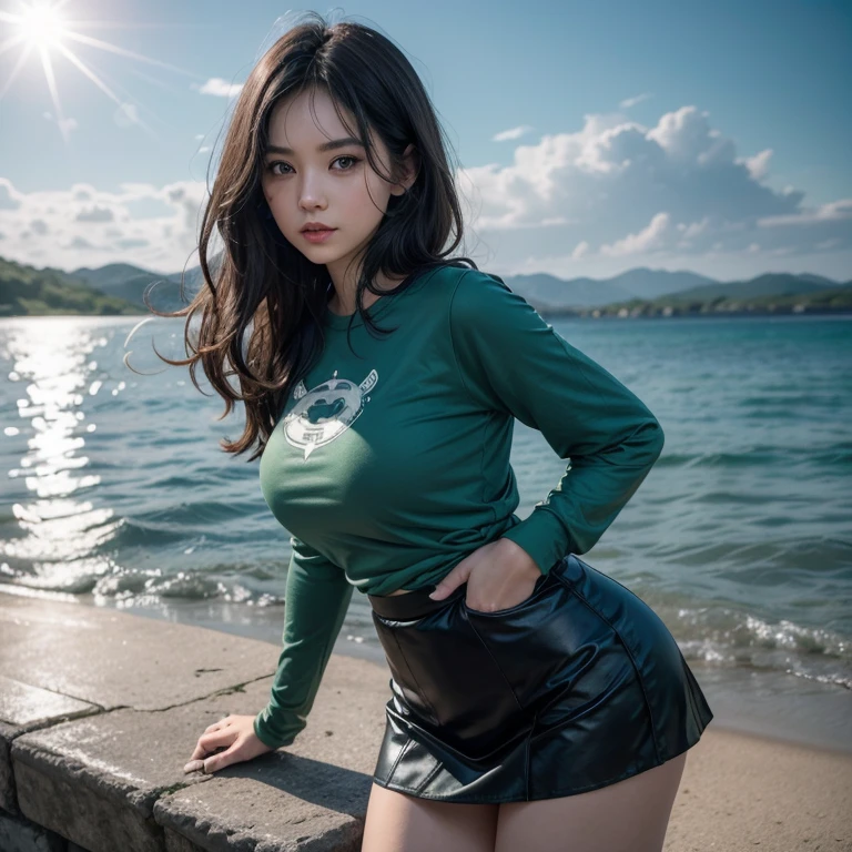 Create with Marvel comic book strokes
*Height: 1.60.
*American.
*Brunetette.
*hairs: Dark brown hair, smooth ass, Wavy hair with a fringe that covers most of the forehead.
*精致的面容.
*Light green eyes.
*nice lips (no lipstick)
*Slightly large breasts
*Waist slender
*Broad Hips
*thick-thighs
*Big butt
Black long-sleeved shirt under an ocean green shirt.
Slightly short dark blue skirt.
Black and white patterned sneakers with white socks.