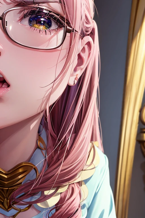 masterpiece, Beautiful art, professional artist, 8k, art style by sciamano240, Very detailed face, Detailed hair, detailed clothing, detailed fabric, 1 girl, perfectly drawn body, beautiful face, broad, very detailed, wearing teacher clothes, thigh high boots, tube skirt, Glasses, looking angrily over Glasses, Sensual Lips , pink cheeks, School environment, detailed background, board , show details in the eyes, close up view, spectator looking, angry expression,