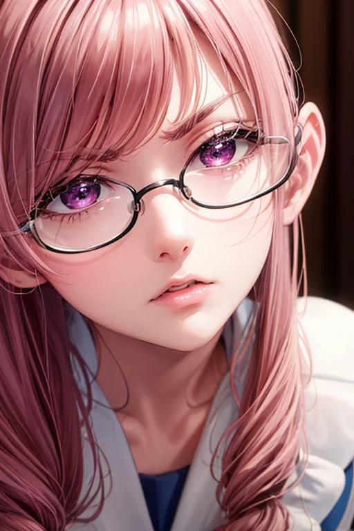 masterpiece, Beautiful art, professional artist, 8k, art style by sciamano240, Very detailed face, Detailed hair, detailed clothing, detailed fabric, 1 girl, perfectly drawn body, beautiful face, broad, very detailed, wearing teacher clothes, thigh high boots, tube skirt, Glasses, looking angrily over Glasses, Sensual Lips , pink cheeks, School environment, detailed background, board , show details in the eyes, close up view, spectator looking, angry expression,