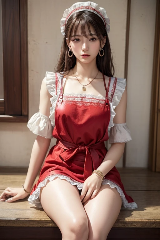 ((software: 1.4)), (software,彼女は白い刺繍の入った長いスカートをyesている, Red blouse with lace, A white apron is tied around the waist., Blue socks, Brown leather shoes.She has a blue scarf on her head. yes, Her accessories include a necklace.., Earrings, bracelet. 1 person)), Ultra-high resolution, (Realistic: 1.4), RAW Photos, Highest quality, (PhotoRealistic Stick), concentrate, Soft Light, (()), ((Japanese)), (( (Young Face))), (surface), (Written boundary depth), masterpiece, (Realistic), woman, bangs, ((1 person))、(((Thighs)))
