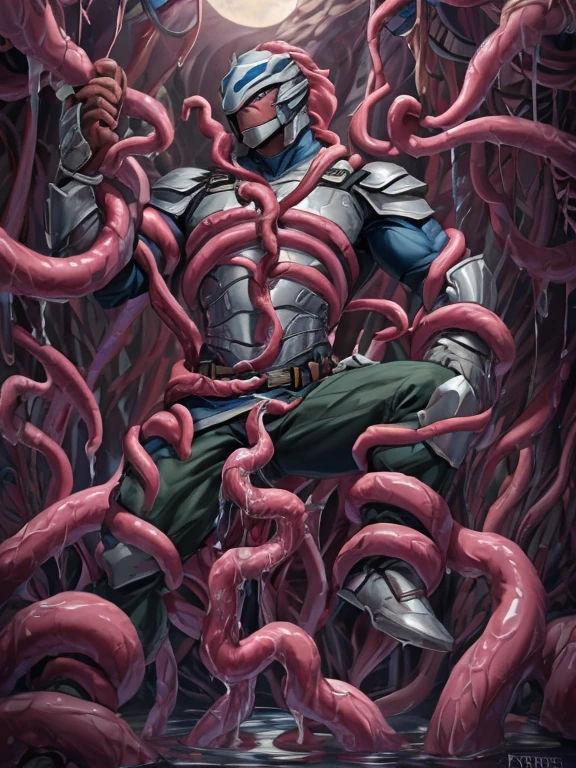 Superhero, hero, strong and robust male, Armor, Tentacle entanglement, uniform, Binding hands togethe, Foreign object invasion, monster breeding, wet, slime, tentacles, slimy tentacles, monster and human breeding, Tentacles wrapped around the body, Insert tentacles into the body, Blocked mouth by tentacles, Both hands are bound, The reproductive organs are covered in tentacles, The chest was torn apart by tentacles, Tentacles penetrate deep into clothes, Wearing pants completely, Complete wearing of trousers, Complete wearing of trousers, Do not expose the reproductive organs