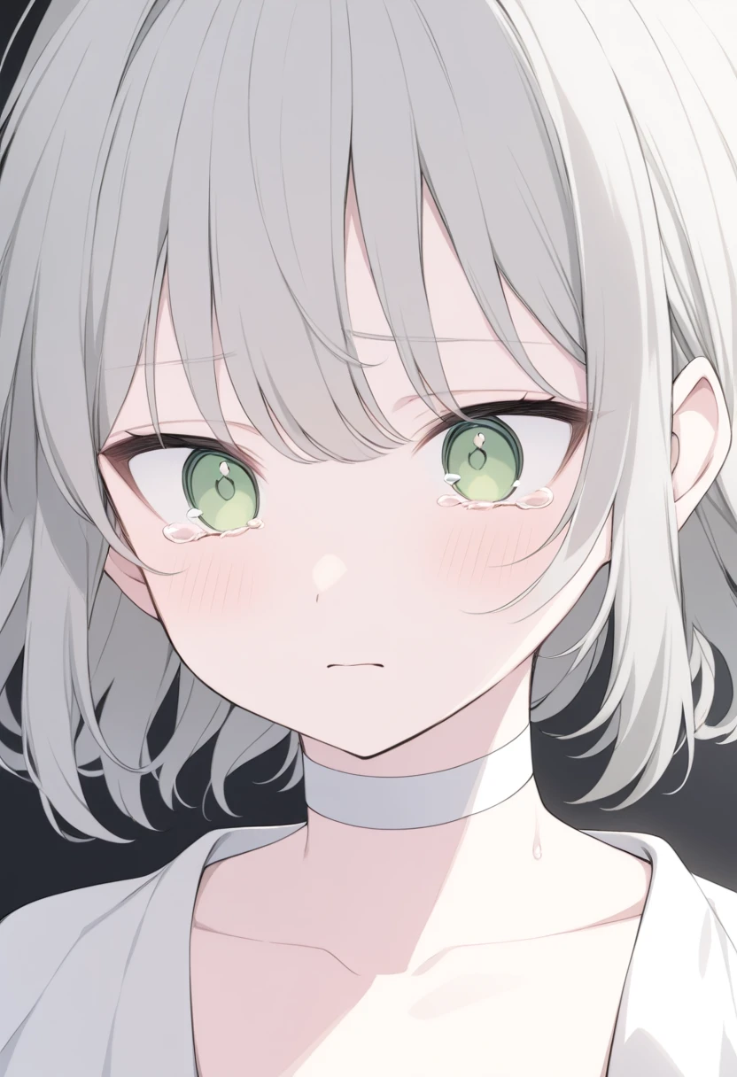Thin gray hair slightly pale, darker green eyes White choker Expressionless Tears running down my cheeks