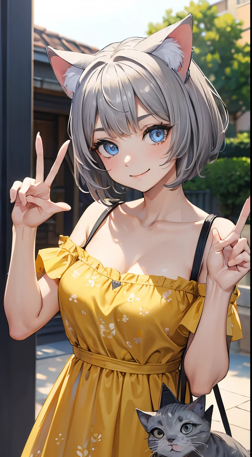 (masterpiece), (best quality), (High quality), expressive eyes, perfect face, 1girl, (grey cat ears: 1.5), BREAK, (medium hair, grey hair, pixie cut), BREAK, (big eyes, perfect eyes, blue eyes, thick eyelashes), BREAK, (thin eyebrow), BREAK, (short height), slim bulid, seductive smile, (medium breasts), BREAK, (yellow sundress: 1.4, flower print), BREAK, (standing), ((double v sign: 1.4)), cowboy shot, (flower garden), looking at the viewer