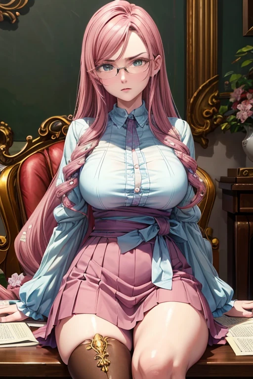 masterpiece, Beautiful art, professional artist, 8k, art style by sciamano240, Very detailed face, Detailed hair, detailed clothing, detailed fabric, 1 girl, perfectly drawn body, beautiful face, broad, very detailed, wearing teacher clothes, thigh high boots, tube skirt, Glasses, looking angrily over Glasses, Sensual Lips , pink cheeks, School environment, detailed background, board , show details in the eyes, close up view, spectator looking, angry expression,