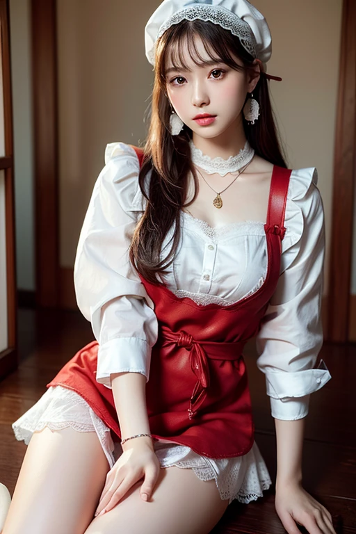((software: 1.4)), (software,彼女は白い刺繍の入った長いスカートをyesている, Red blouse with lace, A white apron is tied around the waist., Blue socks, Brown leather shoes.She has a blue scarf on her head. yes, Her accessories include a necklace.., Earrings, bracelet. 1 person)), Ultra-high resolution, (Realistic: 1.4), RAW Photos, Highest quality, (PhotoRealistic Stick), concentrate, Soft Light, ((15 years old)), ((Japanese)), (( (Young Face))), (surface), (Written boundary depth), masterpiece, (Realistic), woman, bangs, ((1 person))、(((Thighs)))