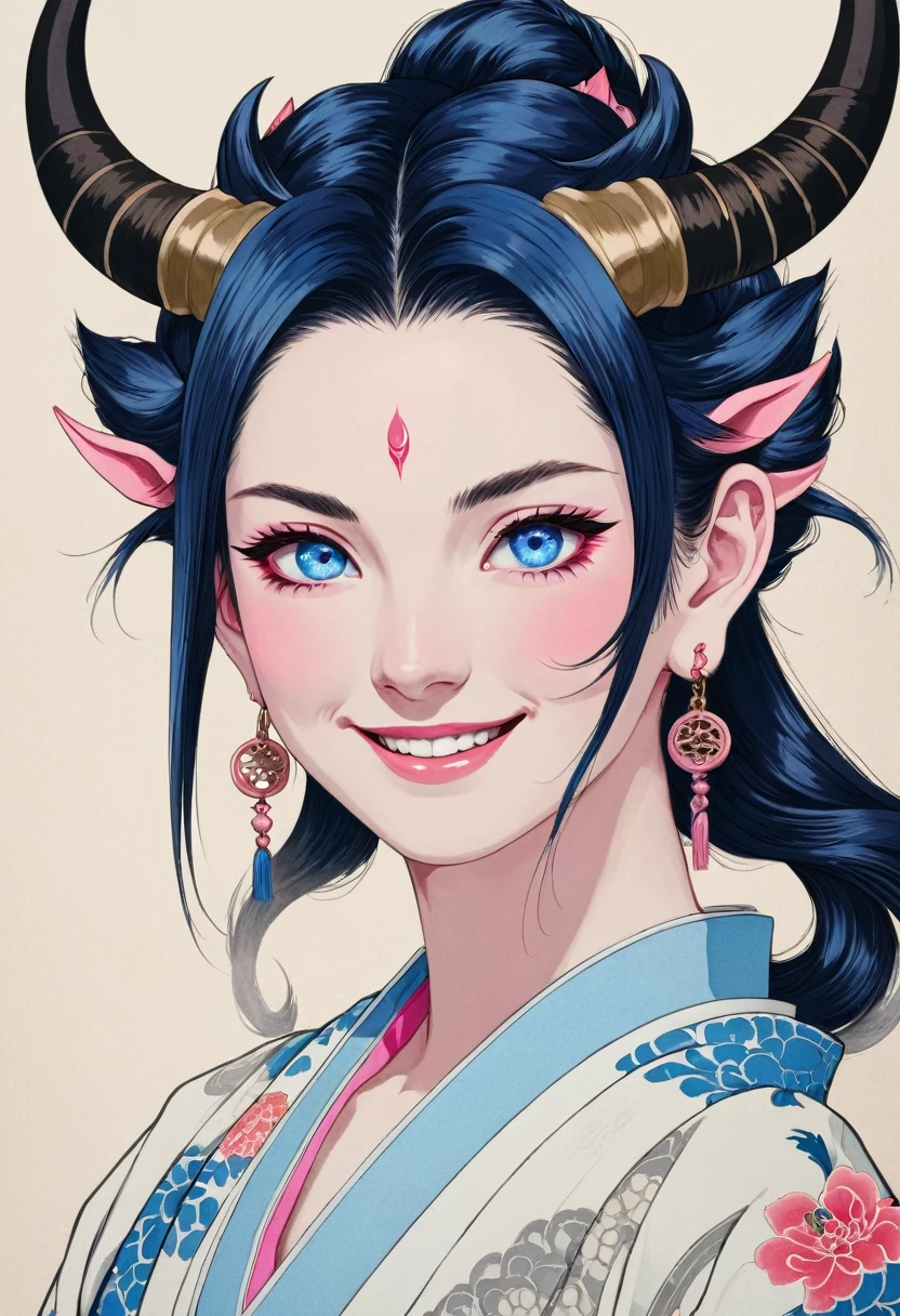 High resolution, smile, blue eyes, Simple Background, Earrings, Horns of the beast, Pink eyes, Ukiyo-e,