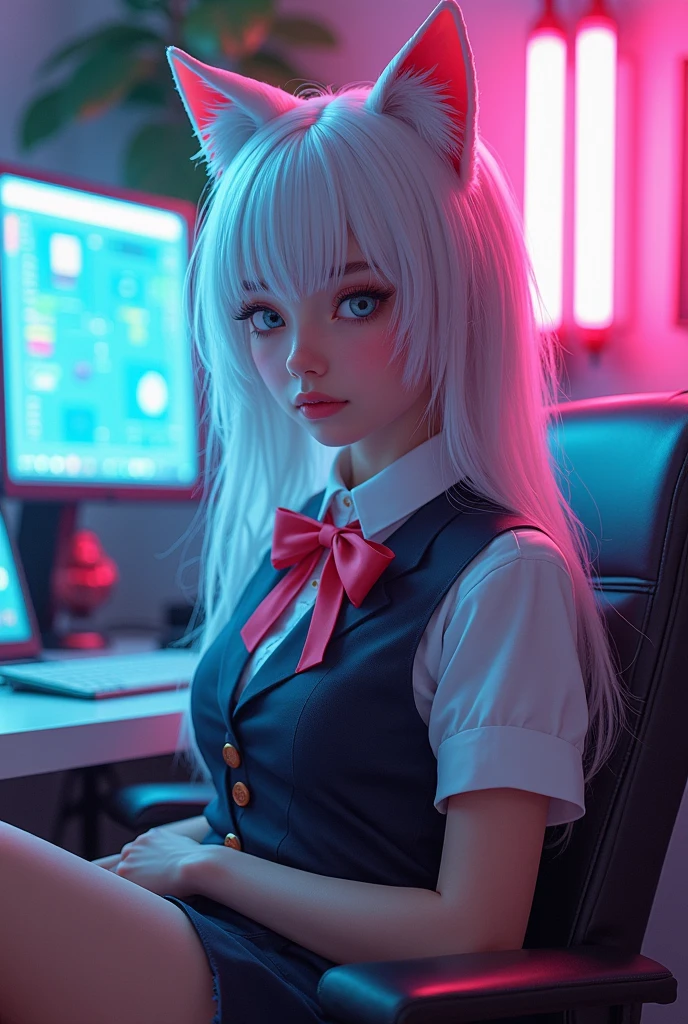 a 25 yo woman in a highly detailed futuristic cyberpunk, body of fusion showcases a surreal, This high-quality image exudes a sense of timeless beauty and cultural richness. highly detailed, extremely detailed, delicate detail, crisp quality, ultra realistic, hyperrealistic, surrealism, dark art,pastel vivid, rossdraws cartoon vivid, anime style 4k, beautiful anime portrait, artgerm colorful!!!、! dream art germ, beautiful anime, cat ear 1girl, anime style digital art, anime art wallpaper 4k, anime art wallpaper 4k, digital anime art, highly detailed art germ, school uniform, full body, sitting in her office, white hair, front view, smirking