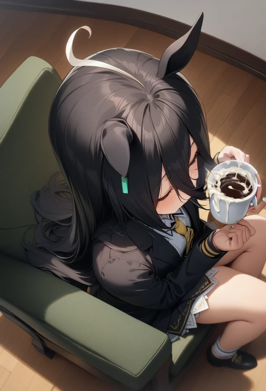 1girl, manhattan cafe \(umamusume\), solo, (cum), (bukkake), (cum in coffee cup), holding coffee cup, cum in container, sitting on chair, NSFW, explicit, (masterpiece), (best quality), (ultra-detailed), very aesthetic