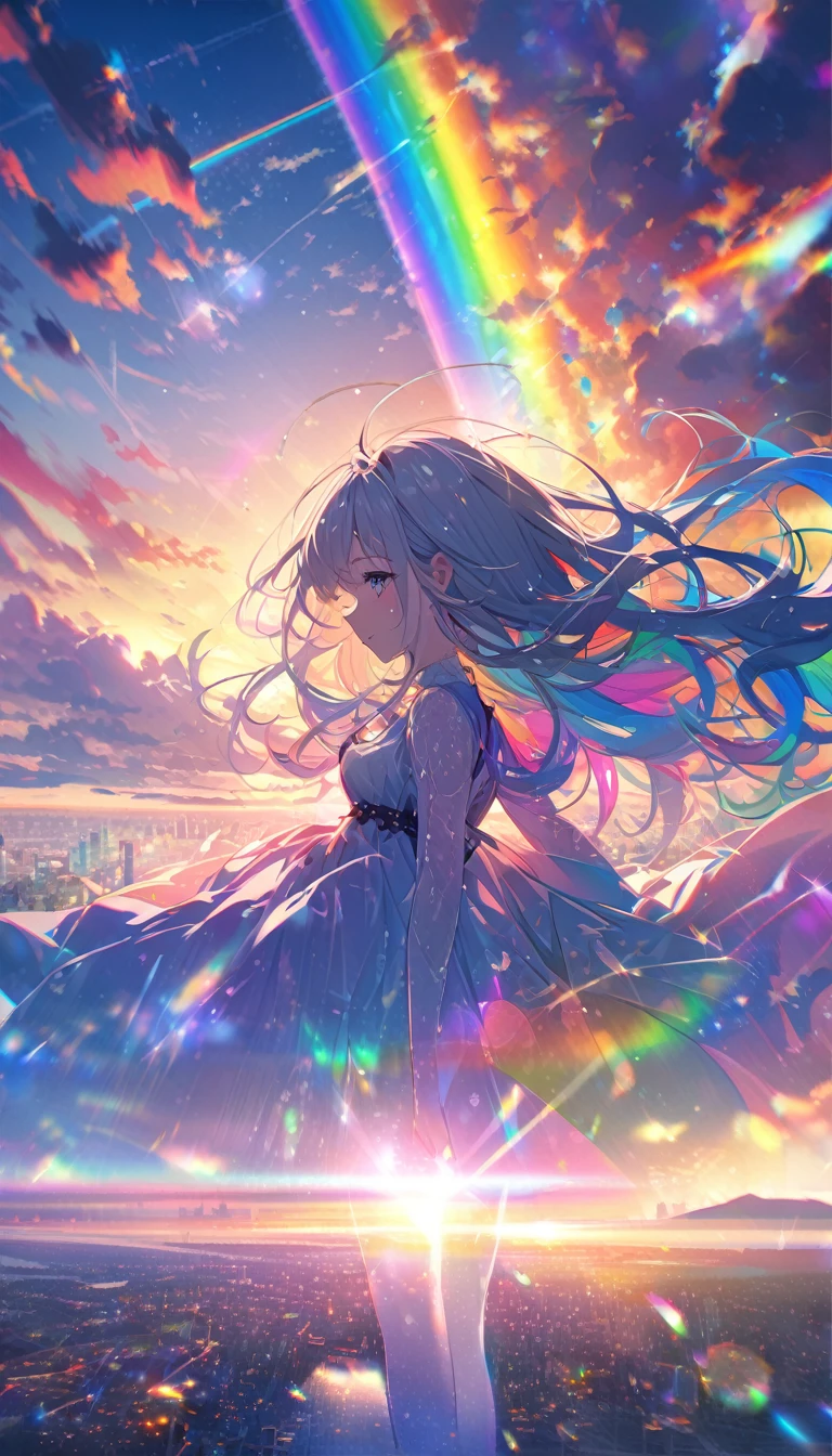 Angelic, detailed woman, sunrise, rainbow, After the Rain, horizon, In the sky, city , Lens flare, colorful, High resolution, 8k