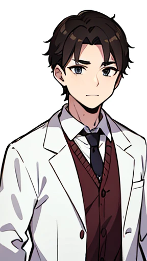 35 years old and looking aged、，white，PhD，White、male，uncle　Standing illustration of the upper body without the head　doctor　Glasses、seems kind　Background white　Background Transparent
