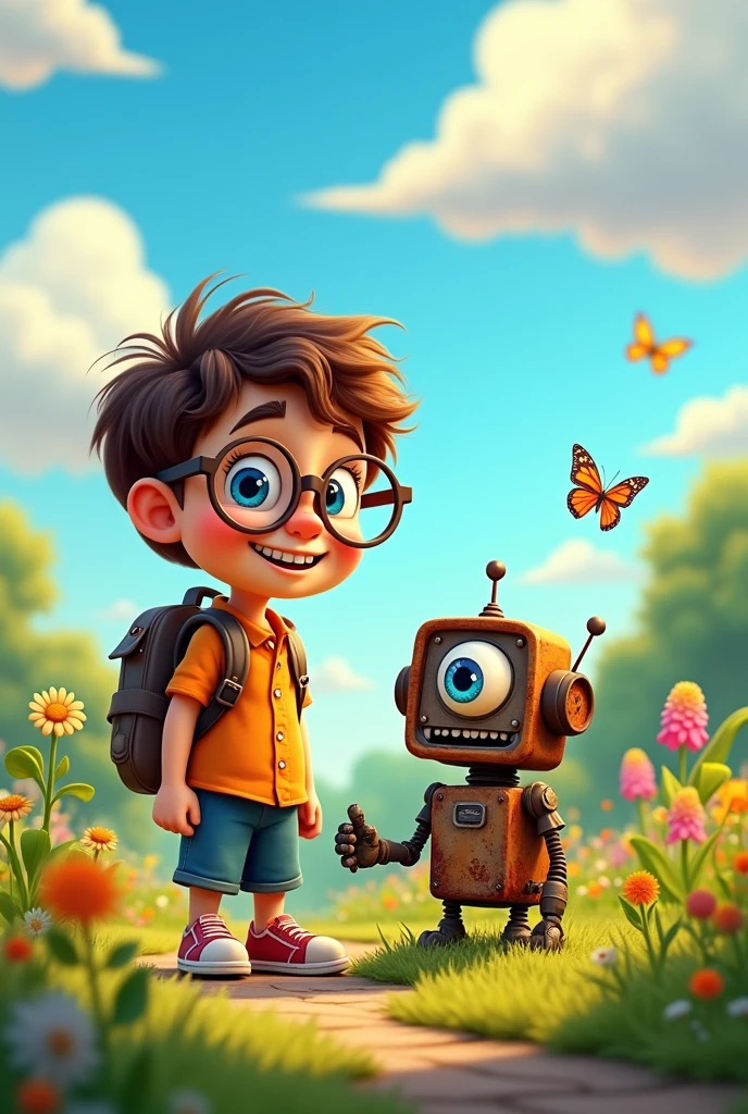 Tom is a  who loves robots. One day, he finds an old robot in his backyard. The robot is rusty, but it smiles at Tom. Make it cartooon