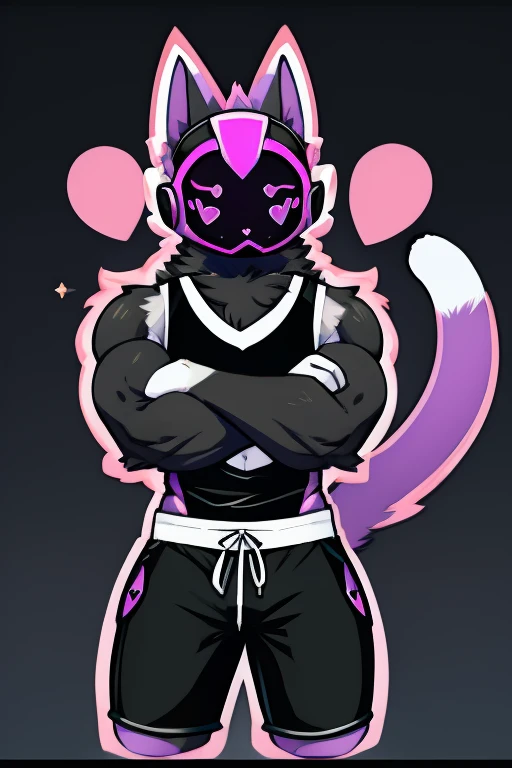 Big black cat , black robot helmet with a purple kawaii cat face, muscular, furry, black sleeveless shirt, Morados shorts, with heart stickers on the body