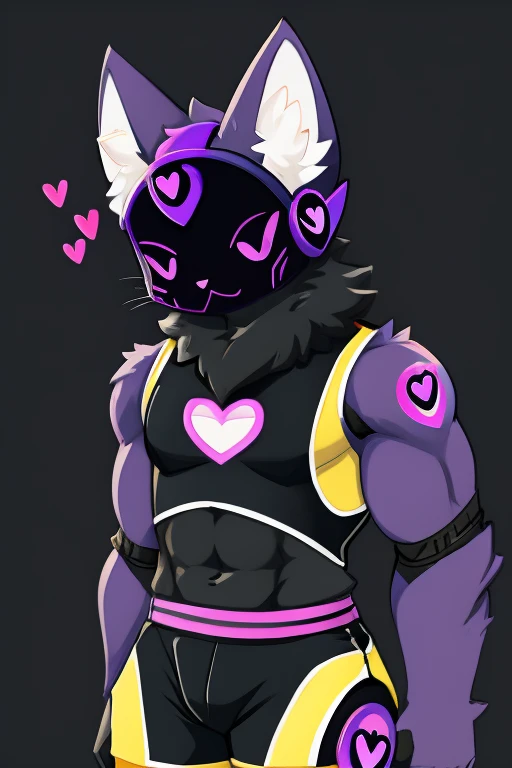 Big black cat , black robot helmet with a purple kawaii cat face, muscular, furry, black sleeveless shirt, Morados shorts, with heart stickers on the body