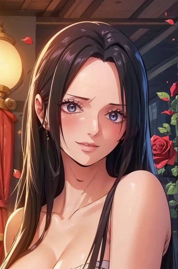 best quality, masterpiece, highly detailed,1girl, ((rose)), (vine), cage, bandage, red rope, (detail light), falling rose petals, Boa Hancock, , (masterpiece:1.5), Detailed Photo, Smiling, y, (8K, Best Quality: 1.4), (1girl), Beautiful Face, (anime realistic Face), (Black Hair, long Hair: 1.3), Beautiful Hairstyle, Realistic eyes, beautiful detail eyes, (white skin), beautiful skin, absurd, attractive, ultra high resolution, ultra realistic, high definition, golden ratio, (sexoused:1.5), Pinkish white skin, cool white light, sexy pose, utiful , white background, pink soft white light, Wear a white dress
