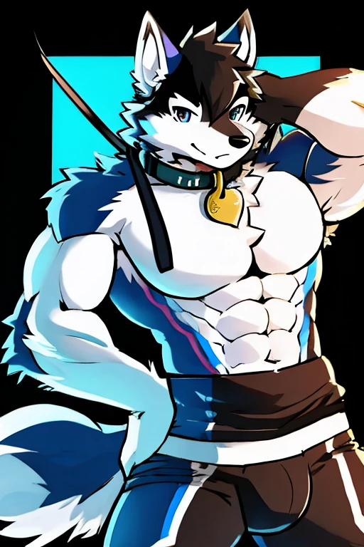Alaskan Malamute dog black and white fur, muscular, with black sleeveless shirt, furry, with eyes covered, blue underwear, with dog collar and leash
