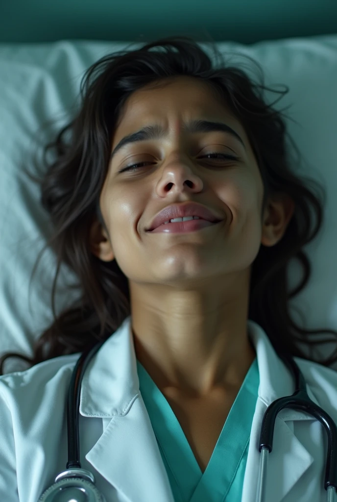 An Indian doctor girl, age 27,  crying face,  rape by many smiling Hindu male  pandit, in hospital, lying on a bed