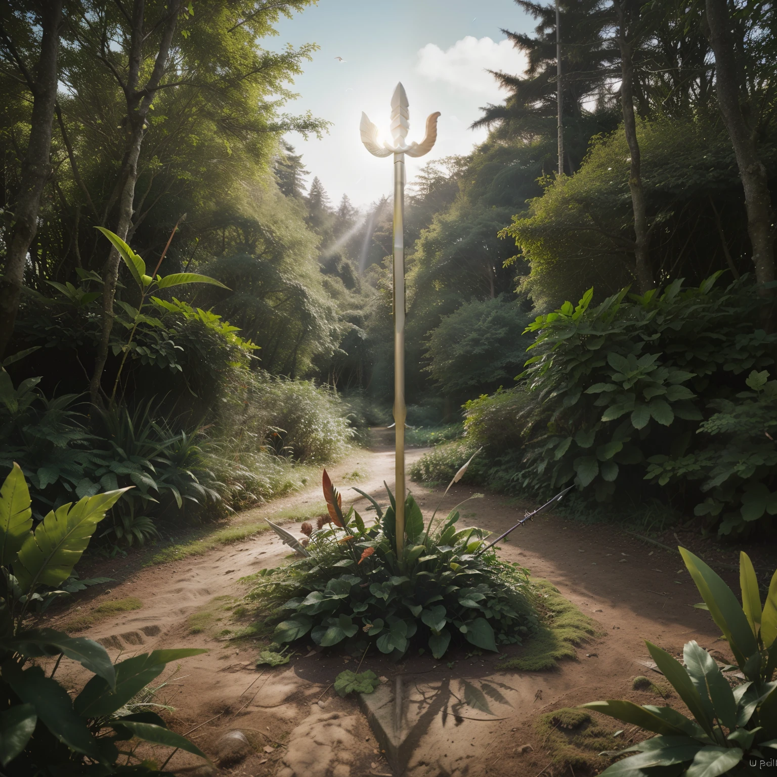 Album cover, a spear trident in the middle of a forest with birds, plants, long trident, Awarded several times, High details, high qualiy, ultra HD, Depth of field, film grain