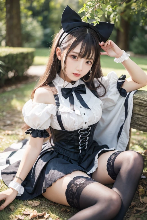 (((masterpiece))), (((Highest quality: 1.4))), ((Very detailedな: 1.4)) , Urzan-6500-v1.1, (RAW Photos:1.2), (Realistic), (See through:1.3), (masterpiece), (Genuine:1.4), Very detailed, Sharp focus, tensura:bright valentine、一人のbeautiful女性, ((beautiful, Shiny silver particles、Detailed face、((Right eye is red、Bright blue left eye))、Gothic Maid Outfit、Knee-high socks、