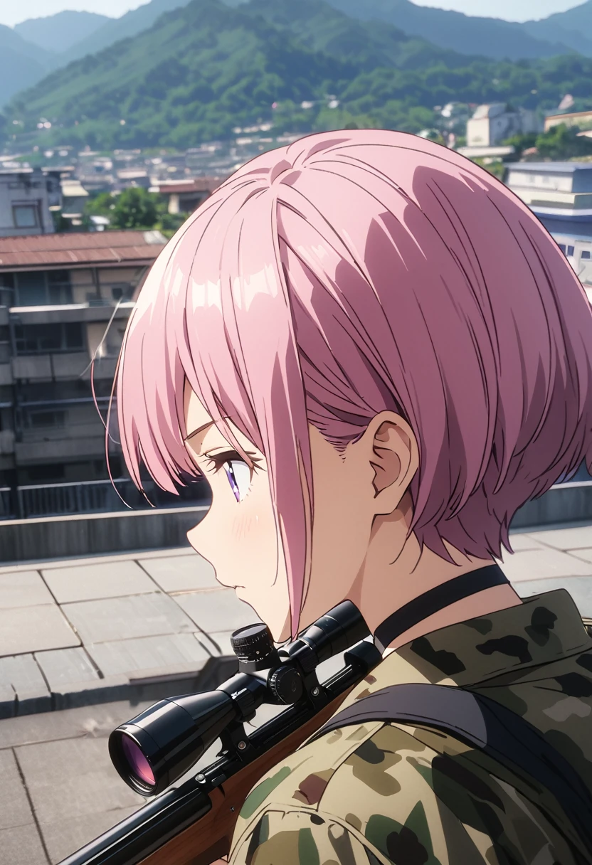(Highest quality, 4K, 8k, High resolution, masterpiece:1.2), Very detailed, Picturesque, Anime style photo, Photo Anime:1.37)、Japanese、(Pink hair)、(pixie cut)、Black choker、Urban area、Rooftop、Camouflage jacket、Camouflage 、Lace-up boots、Sniper Rifles、Serious profile of a man looking through a scope、Nakano Ichika