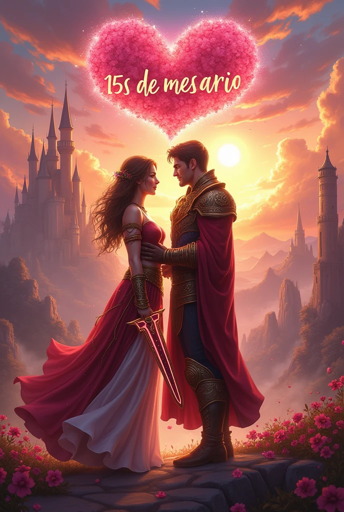 Make an image with a love and Warcraft theme that has the text: "15s of mesario" in Spanish