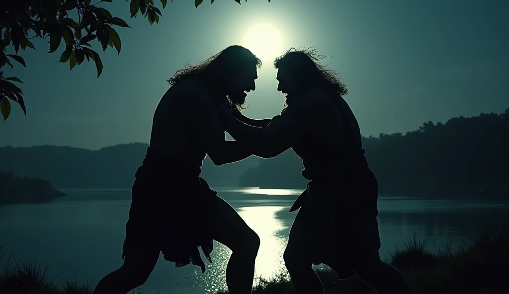 biblical characters: It was a dark night by the river and silent , 2 strong men fighting The battle The man, realizing Jacob's determination, touched his thigh, dislocating it with a simple touch. The pain was intense, but even wounded, Jacob refused to give up. He grabbed the man with all his remaining strength and, amidst the pain and fatigue, He demanded: 'I will not let you go, unless you bless me'.'