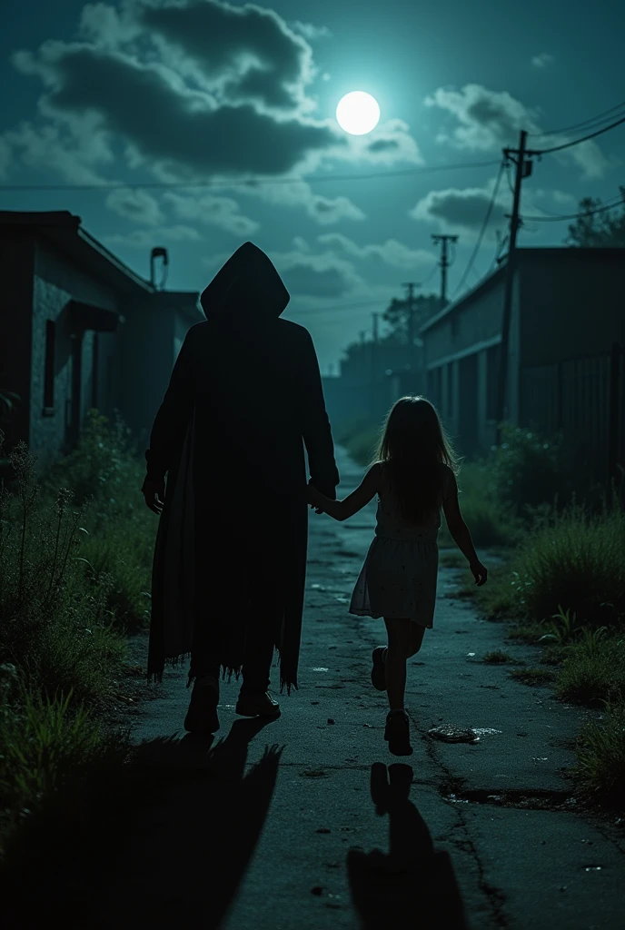 At night, the kidnapper drags a girl by the hand through a vacant lot, with the girl upstairs walking behind him, trying to spread the word in terror.
