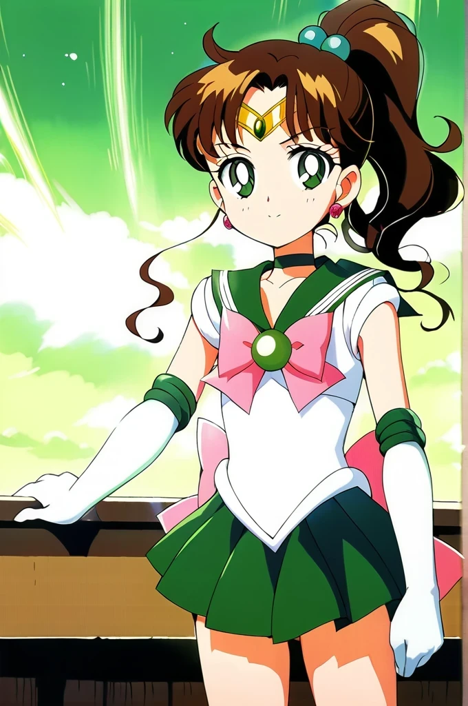 score_9, score_8_up, score_7_up, score_6_up, score_5_up, score_4_up, source_anime, (masterpiece:1.3),(highest quality:1.4),(Super detailed:1.5),8k,High resolution,an extremely delicate and beautiful,Official Art,Perfect Anatomy,(anime_screencap:1.11),(90s anime,90s anime style,Cel-shaded anime:1.47),anime coloring,(1girl:1.5), ((very young child:1.52)),
((aajupiter:1.52)), long hair, ponytail, hair bobbles, tiara, earrings, green eyes, green choker, green sailor collar, pink bowtie, white shirt, white leotard, elbow gloves, white gloves, green skirt, pink bow