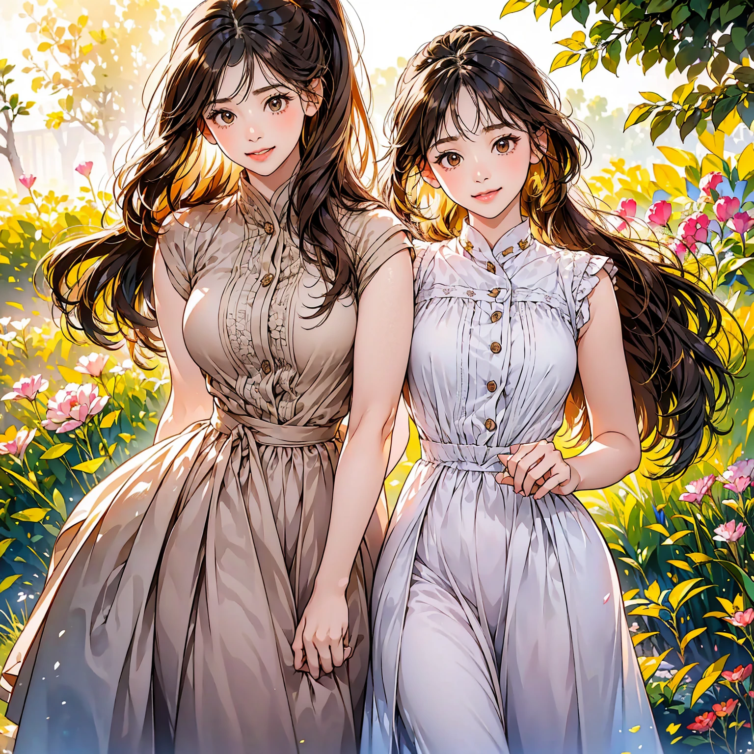 Mia has long chestnut hair that she often gathers into a loose ponytail. She has large brown eyes and fair skin. She usually wears simple but elegant dresses in pastel shades. Luna has soft light hair that sometimes has a slight curl. Her eyes are large and brown, like her mom's. She usually wears bright and comfortable clothes that allow her to move freely.
