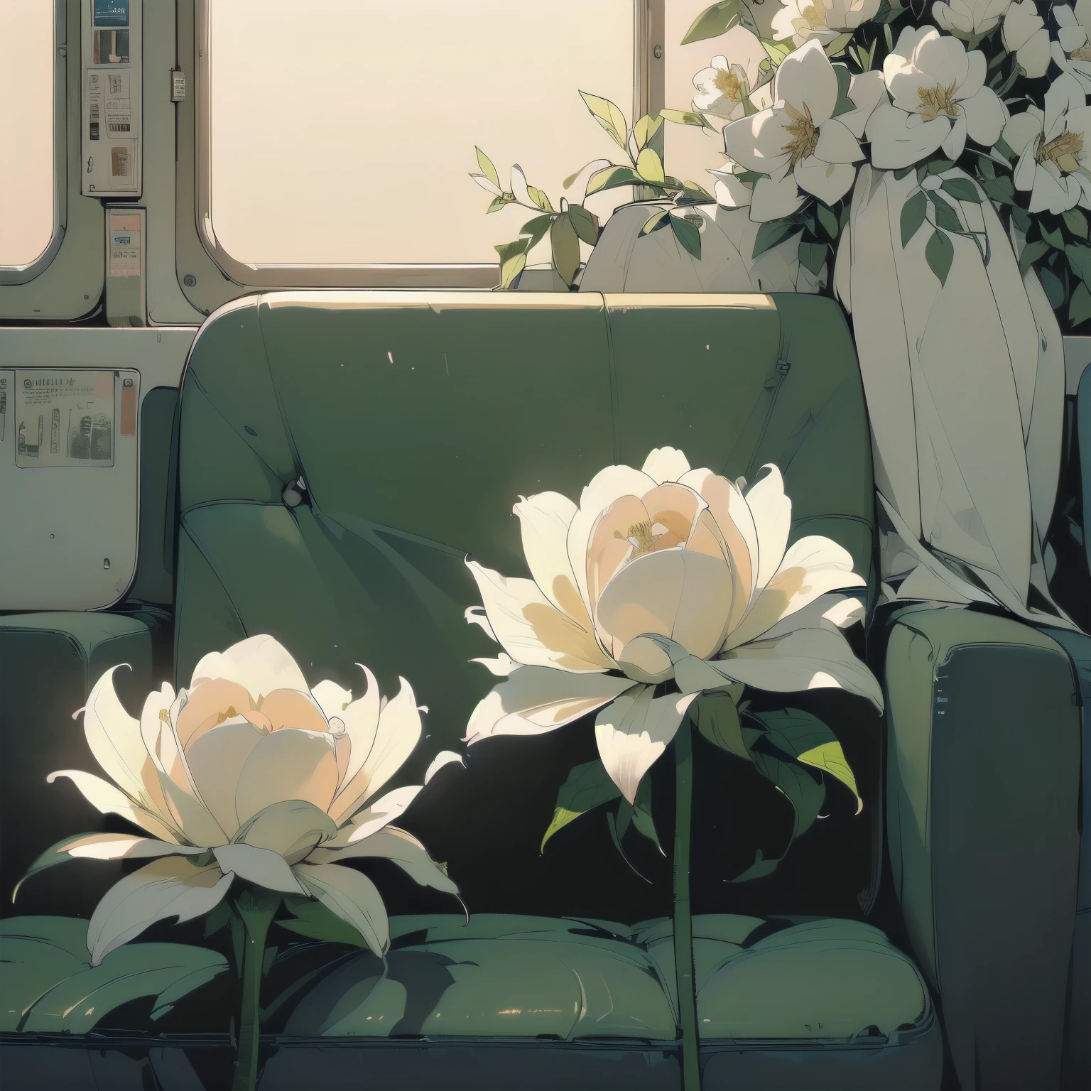 (((Masterpiece, top quality))), (((32K wallpaper))), ultra high resolution, (((close-up))), gorgeous light leak, (((backlit))), highly detailed background, top quality, (((no humans))), Empty train, (((White flower))),  (((( very dull color )))), ((((Detailed train seating))), (((Strong light shines in)))