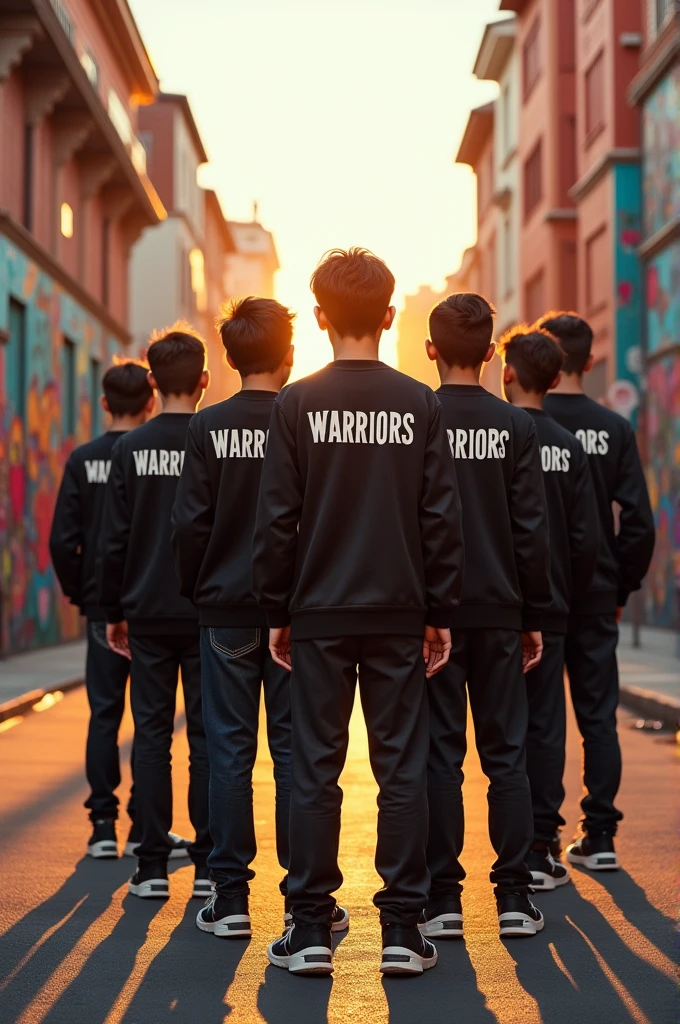Creat a 3d illusion of 12 stylish boys, Stand on the road,Wearing same dress write warriors on the back of boys.
