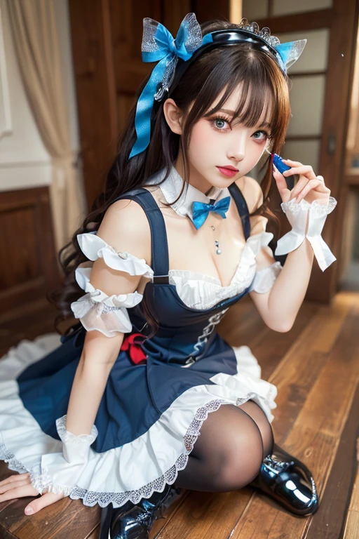 (((masterpiece))), (((Highest quality: 1.4))), ((Very detailedな: 1.4)) , Urzan-6500-v1.1, (RAW Photos:1.2), (Realistic), (See through:1.3), (masterpiece), (Genuine:1.4), Very detailed, Sharp focus, tensura:bright valentine、一人のbeautiful女性, ((beautiful, Shiny silver particles、Detailed face、((Right eye is red、Bright blue left eye))、Gothic Maid Outfit、Knee-high socks、