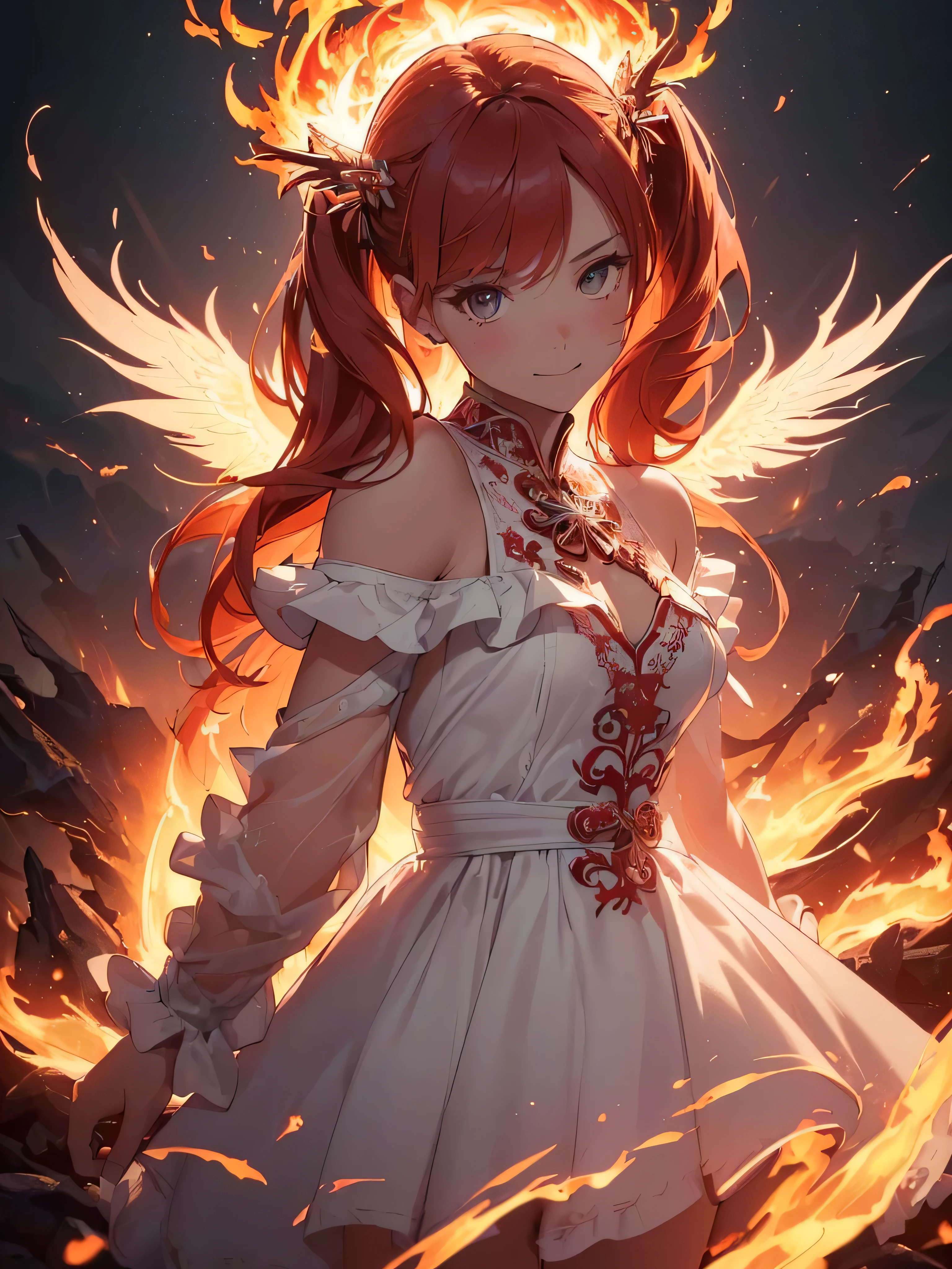 (((best quality, sharp image, clear image, cinematic lighting, 8k resolution, masterpiece, ultra detailed, intricate))) Girl, (((looking over right shoulder))), (shot from behind), ((half shot)), fiery red hair, pigtails, ((white dress)), ((flaming sigils, flaming runes)), spiky rock formations, (flaming lotus flowers frame), (intricate background), ((Phoenix)), (swirling flames), smiling