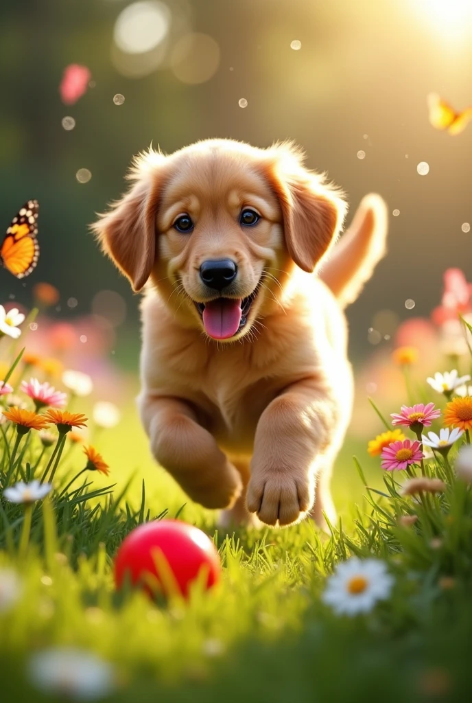 A puppy playing with a ball in the garden