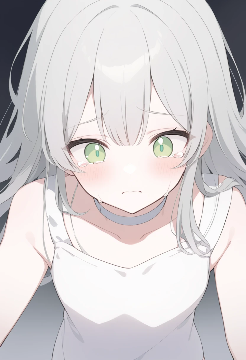 Thin gray hair　slightly pale, darker green eyes　White choker　　Tears running down my cheeks　Looking forward　that？Why are you crying?