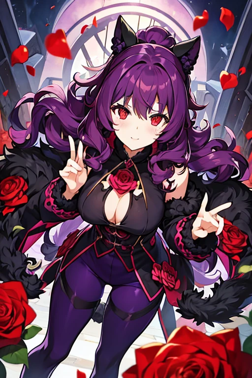 women, curly hair in two purple pigtails, Red eyes, black fur coat, Red pants, long purple tights, with roses