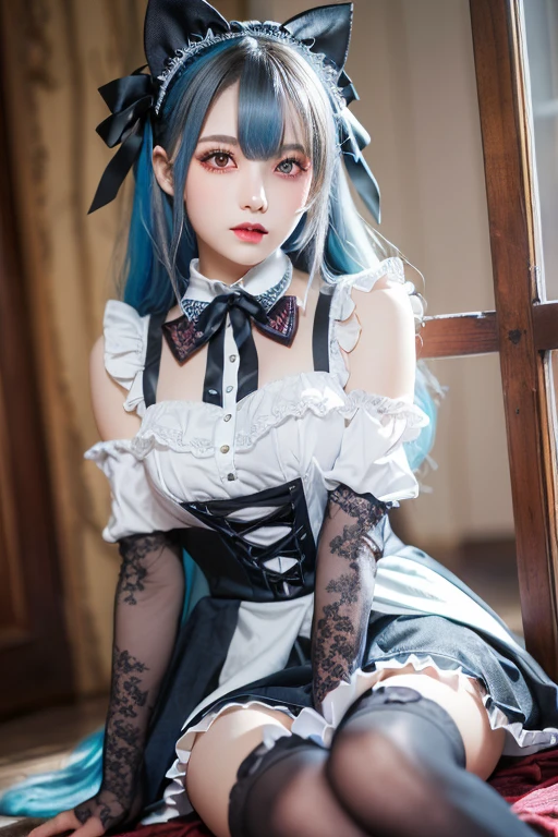 (((masterpiece))), (((Highest quality: 1.4))), ((Very detailedな: 1.4)) , Urzan-6500-v1.1, (RAW Photos:1.2), (Realistic), (See through:1.3), (masterpiece), (Genuine:1.4), Very detailed, Sharp focus, tensura:bright valentine、一人のbeautiful女性, ((beautiful, Shiny silver particles、Detailed face、((Right eye is red、Bright blue left eye))、Gothic Maid Outfit、Knee-high socks、