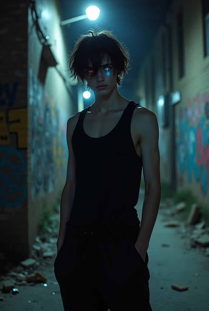 The male protagonist is 160 cm tall, with dark brown hair. He has heterochromia, one eye blue and the other red. His skin is pale and he always appears cold and distant. He wears a black tank top and black sweatpants.