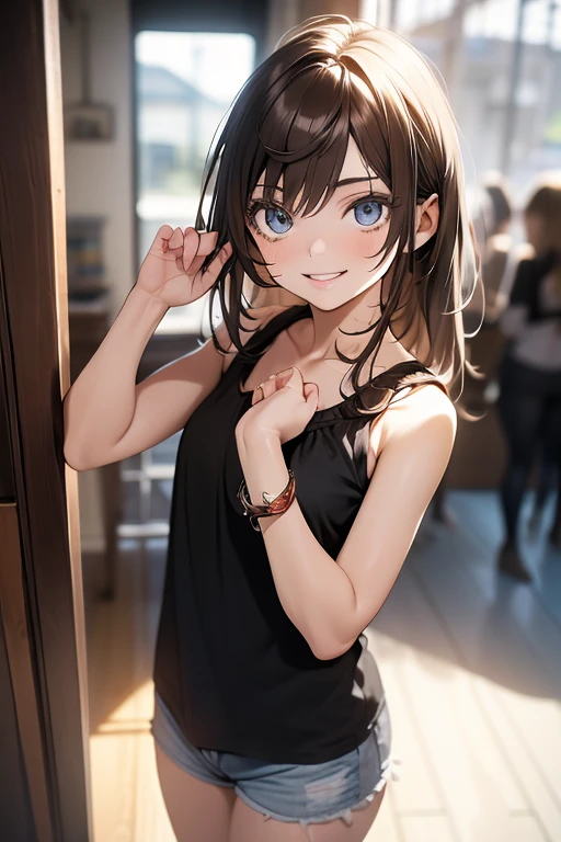 (masterpiece, best quality, ultra-detailed, highres, 4k),(beautiful detailed eyes),(very detailed face),(1girl),HDR,long hair, shorts, phone, brown eyes, brown hair, cellphone, bracelet, tank top, jewelry, watch, lips, solo focus, nail polish, blurry background, smile, wristwatch, realistic, blurry, looking at viewer