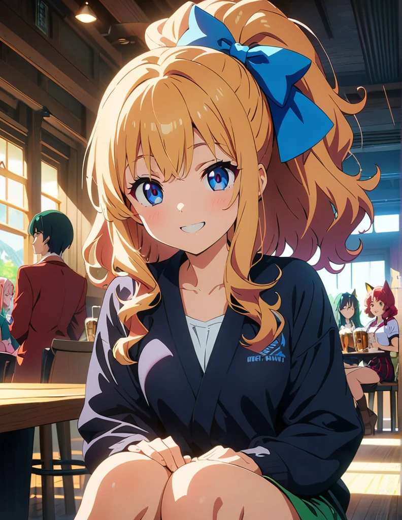 (anime artwork, anime style, studio anime, very detailed, up to date, vibrant, Anime Coloring, high contrast, masterpiece:1.2, best quality, best aesthetics),4 girl,drinking party,Japanese pub , Medium chest,random hair, perfect proportions, high detail skin, Cute, detailed faces, sit,happy smile, table chair,holding beer mug