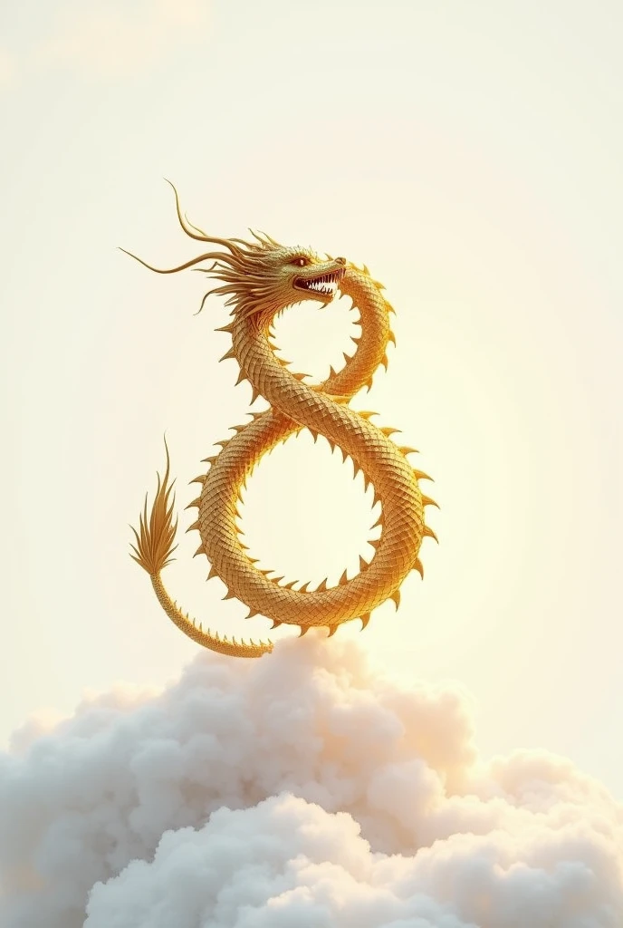 A dragon made of gold floats in the form of the number eight. Minimalism.