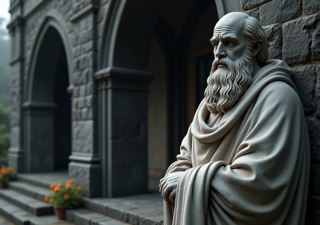stoicism, motivation, stoic marble statue thinking,calm, setting, robe, long beard, aged, full body, hyper-realistic, 8k, old beautiful background, incredible, beautiful, black war old home frightening,