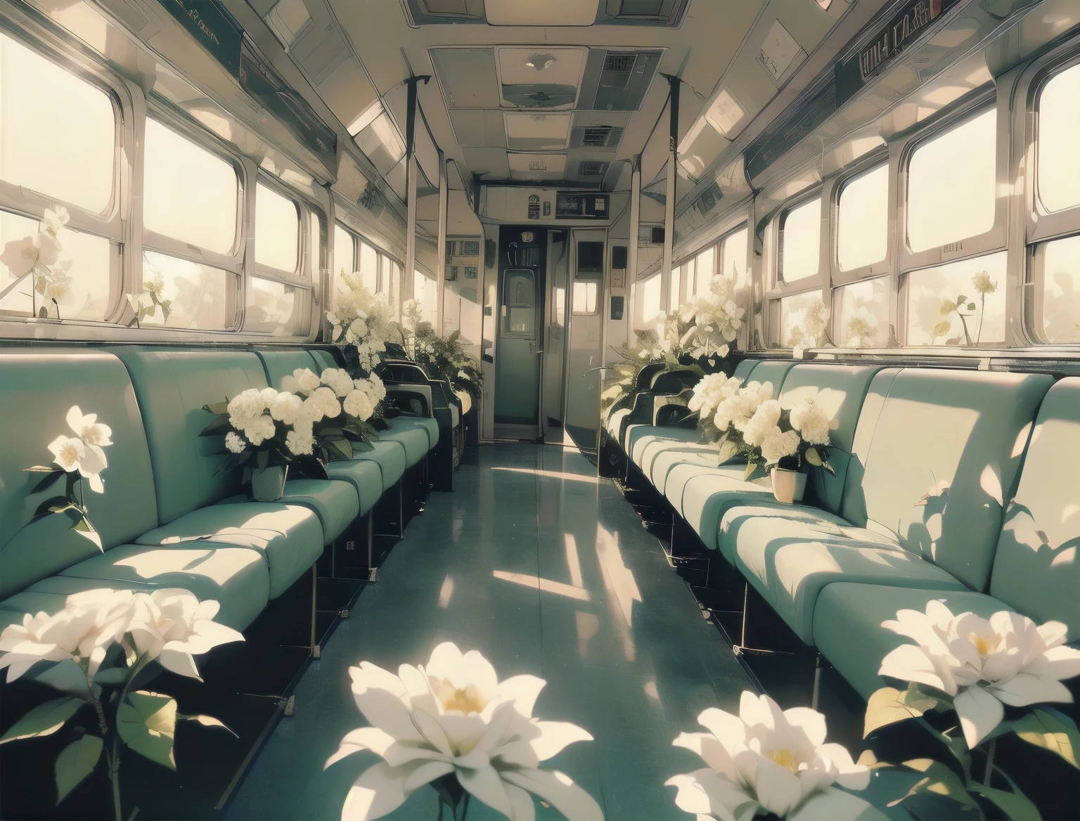 (((Masterpiece, top quality))), (((32K wallpaper))), ultra high resolution, gorgeous light leak, (((backlit))), highly detailed background, top quality, (((no humans))), Empty train, (((White flower))), (((( very dull color )))), ((((Detailed train seating))), (((Strong light shines in)))