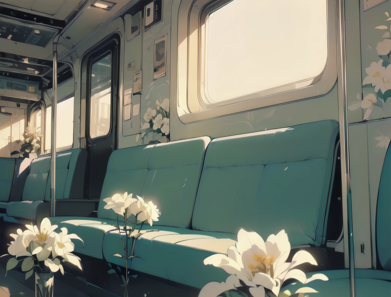 (((Masterpiece, top quality))), (((32K wallpaper))), ultra high resolution, gorgeous light leak, (((backlit))), highly detailed background, top quality, (((no humans))), Empty train, (((White flower))), (((( very dull color )))), ((((Detailed train seating))), (((Strong light shines in)))