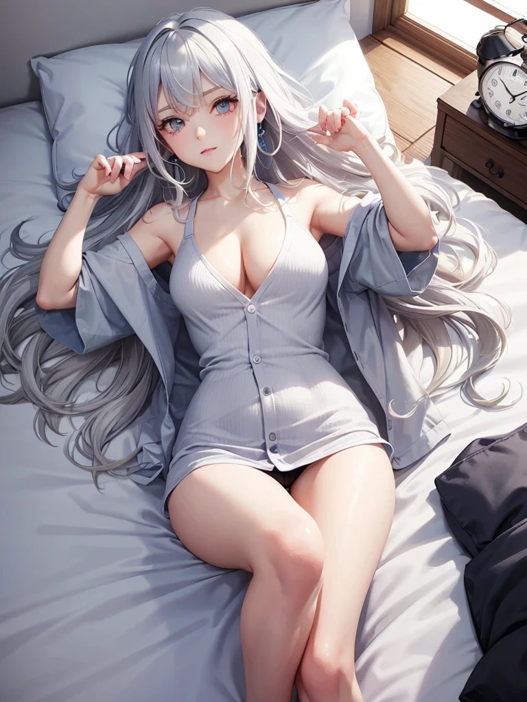 Character Details:, - Gender: 1Girl.
- Style: Anime, - Body Type: Attractive body, nice body, nice legs, slim tights, nice arms, nice shoulders. - Breast: (Cleavage, Breast:1.2)- Facial Feature: Beautiful, Gorgeous, ager, Fresh, Young.
- Expression: Small smile, shy Look, (blue pink gradient eyes). - Hairstyle: Blunt Bangs. - Hair Color: (White Grey Hair:1.5), (Straight and Wavy Long Hair:1.3),
- Clothing: (cardigan shirt). - Body Pose: (lying, sleep on bed:1.3) (hands up). - Behaviour: Waiting, Want Something, Secretly.
- Accessories: Earrings, Thin Black Headband, Green Accessories, Environmental Details:, - Setting: Bed Room., - Lighting: Natural Light., - Decoration: Modern Bed, Chair, Window, White Curtain, City View. Top view. pov, anime style, UHD, retina, masterpiece, accurate, anatomically correct, textured skin.