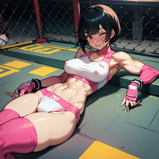 a beautiful bloody japanese high school girl heavyweight fighter is knocked out in the octagon fighting ring, she is beated down, She sits slumped against the octagon's fence, whole body picture, she lose. she is covered in scars and bruises, she is damaged terribry, Short cut black hair, out of breath, drooling from mouth, her one eye is closed, exhausted, drenched in sweat, Erect nipples, open finger glove, Ragged white and pink sports bra, high leg panty, Stockings, armwarmers, Whittled waistline, Muscular, six pack abs, very thick arms and thighs, super huge tits.