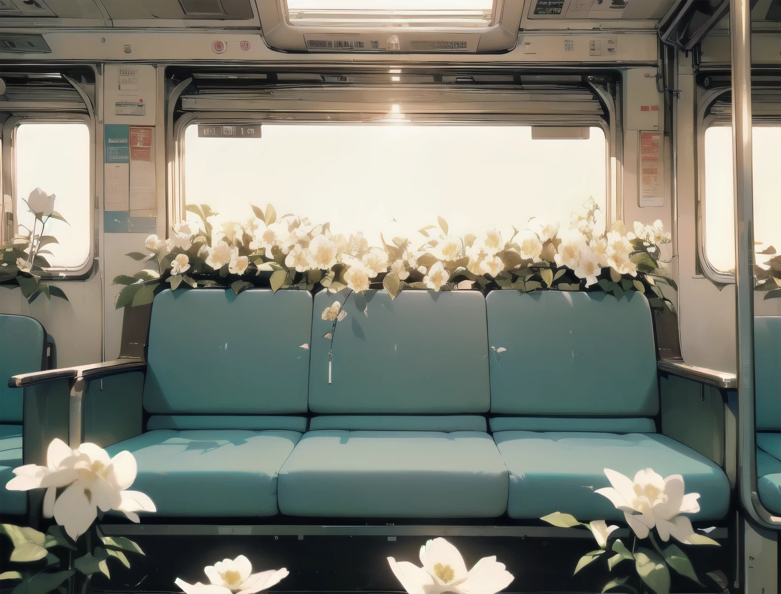 (((Masterpiece, top quality))), (((32K wallpaper))), ultra high resolution, gorgeous light leak, (((backlit))), highly detailed background, top quality, (((no humans))), Empty train, (((White flower))), (((( very dull color )))), ((((Detailed train seating))), (((Strong light shines in)))